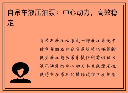自吊车液压油泵:中心动力,高效稳定